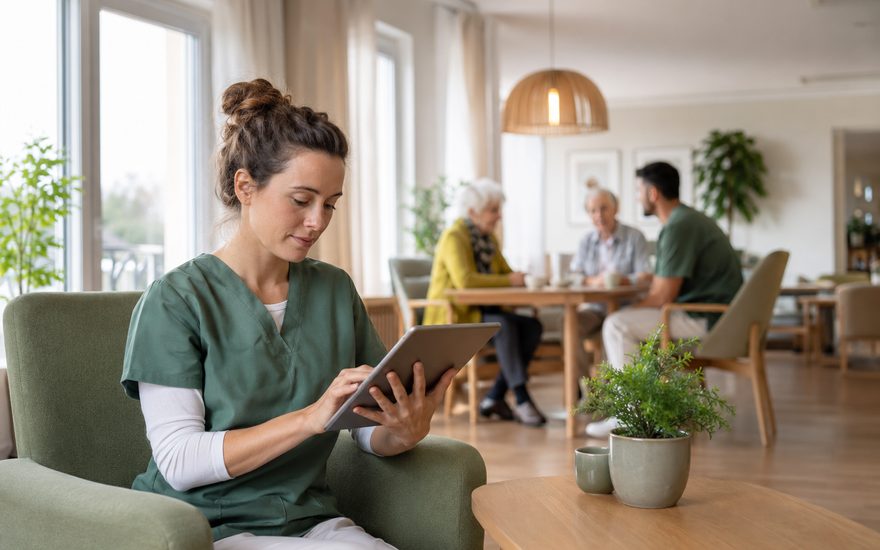 Fachkraft dokumentiert mit Tablet